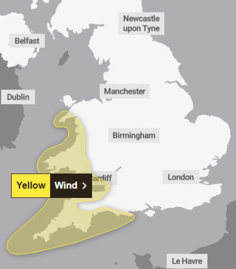 The Met Office has issued a yellow weather warning for much of the southwest of England and Wales for Sunday