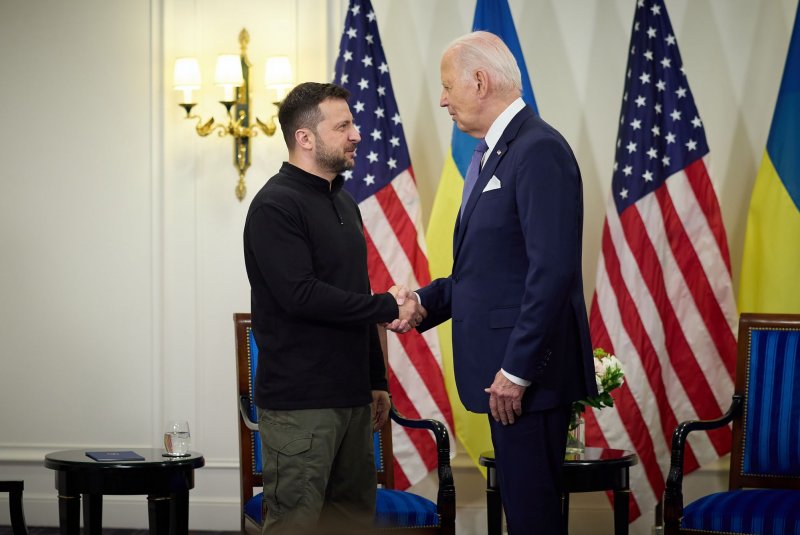 U.S. President Joe Biden (R) shakes hands with Ukraine's President Volodymyr Zelensky as they hold a bilateral meeting at the Intercontinental Hotel in Paris, on June 7, 2024. On Wednesday, the Biden administration unveiled another package of lethal weaponry for Ukraine. File Photo by Ukraine's President Office/UPI