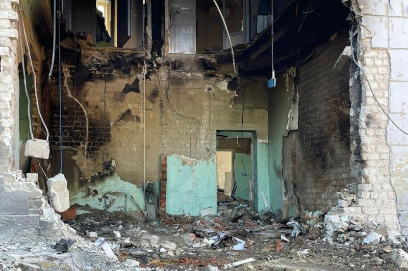 Rubble in the aftermath of a double Russian drone strike on a hospital in the Ukrainian city of Sumy on Saturday is shown in a photo provided by military authorities. Ten people were killed and 22 were wounded in the strikes. Photo provided by Sumy Regional Military Administration/Telegram