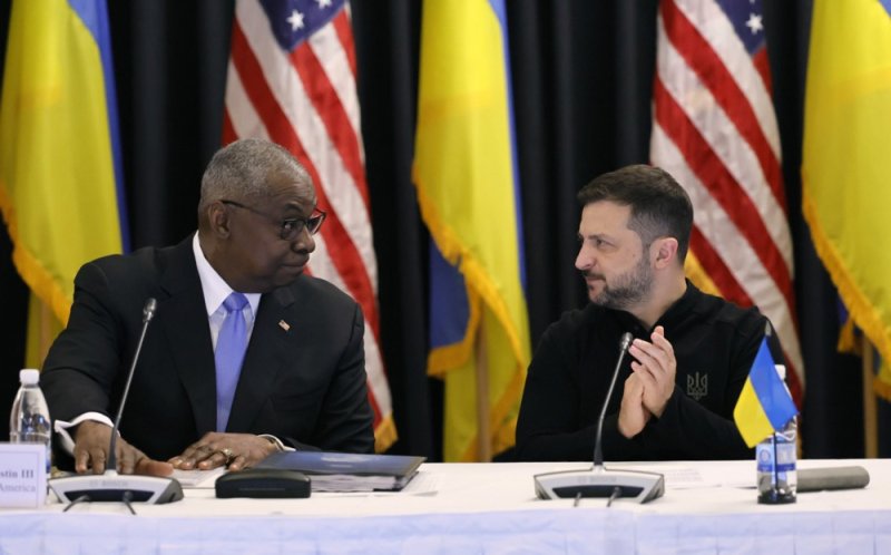 The United States announced $250 milion in security asssitance for Ukraine on Friday as U.S. Defense Secretary Lloyd Austin attended the seventh meeting of the Ukraine Defense Contact Group alognside Ukrianian President Volodymyr Zelensky in Germany. Photo by Ronald Wittek/EPA-EFE