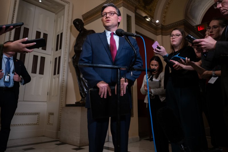 Speaker of the House Mike Johnson, R-LA talks to press after his funding proposal to avoid a possible shutdown fails to pass in the House in the US Capitol in Washington, DC on Wednesday. Lawmakers reached a deal Sunday. Photo by Annabelle Gordon/UPI