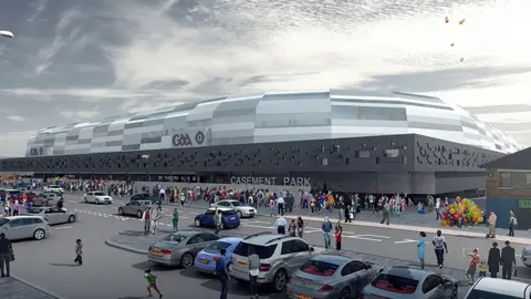 INPHO  Computer image of Casement Park in grey and white with cars and virtual people