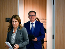 Governor of the Bank of Canada Tiff Macklem and senior deputy governor Carolyn Rogers arrive for a news conference on the bank's interest rate announcement, in Ottawa, on Wednesday, Sept. 4, 2024.