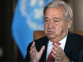 FILE - United Nations Secretary-General Antonio Guterres speaks during an interview at the United Nations headquarters, on Sept. 9, 2024.