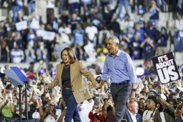 Obama campaigns with Democratic presidential candidate, US Vice President Kamala Harris,