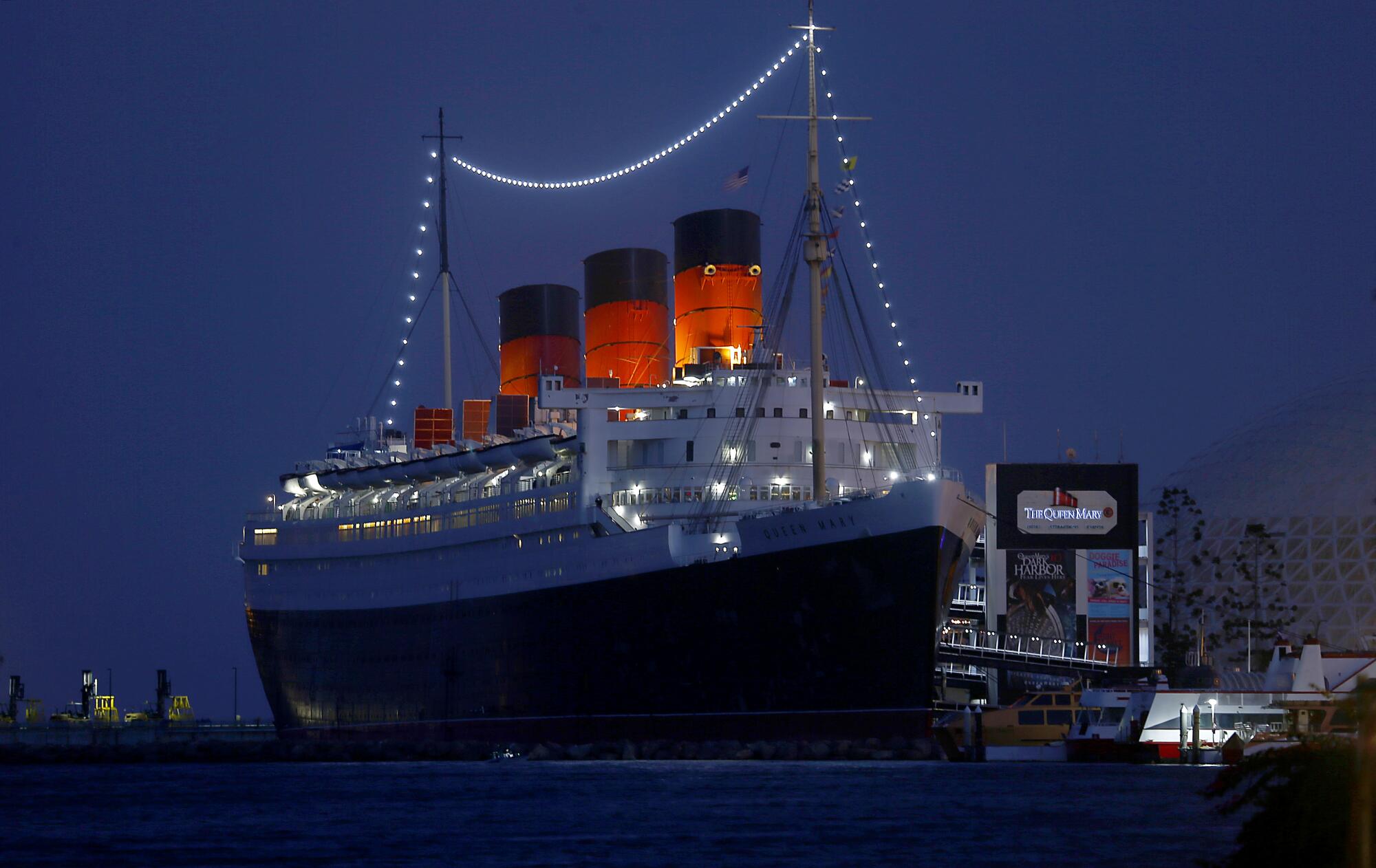 The Queen Mary ship at night. 