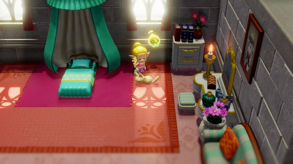 A princess in an elaborate bedroom with a small cat. 