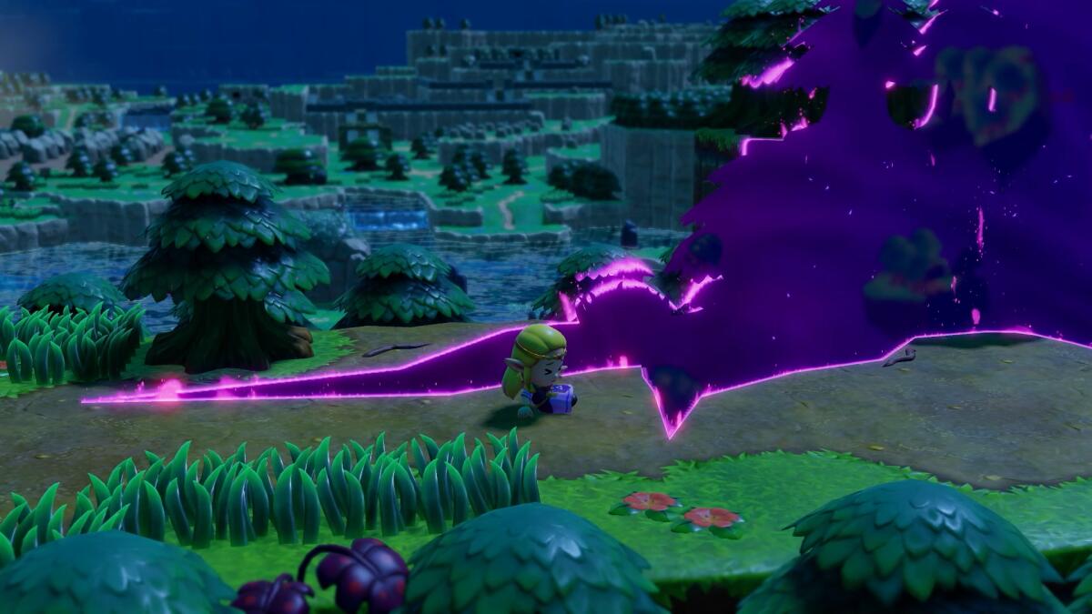 A princess stands in a green space being consumed by a purple rift.