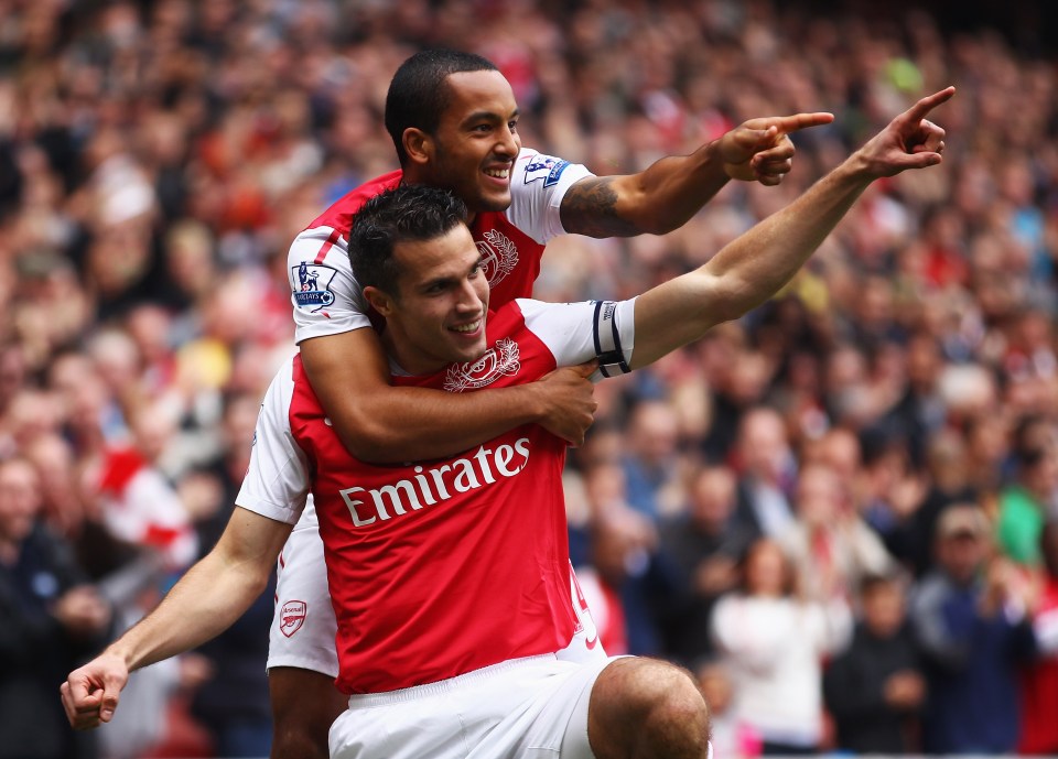 Robin van Persie, seen here rejoicing with Theo Walcott, scored for a record seven games in a row at the Emirates 13 seasons ago