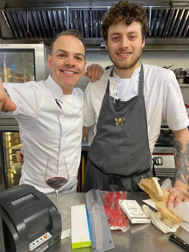 Simon with his son Cameron dressed in their chef whites.