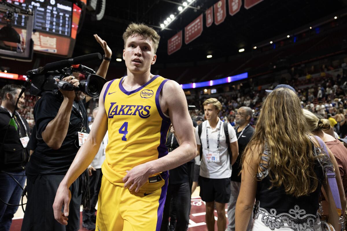 Dalton Knecht leaves the court after scoring 20 points in a Summer League game for the Lakers.