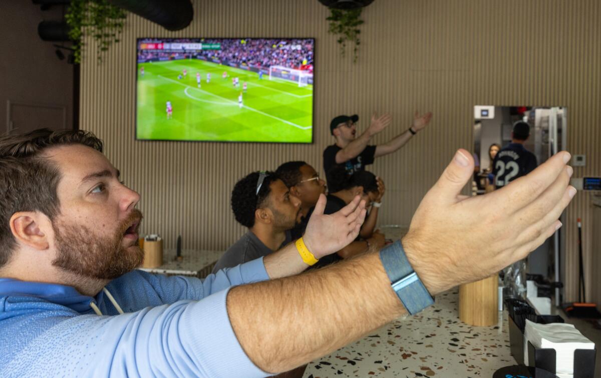 Tim Jester and Tottenham fans at N17 The Lane in Culver City react while watching a match at the bar.