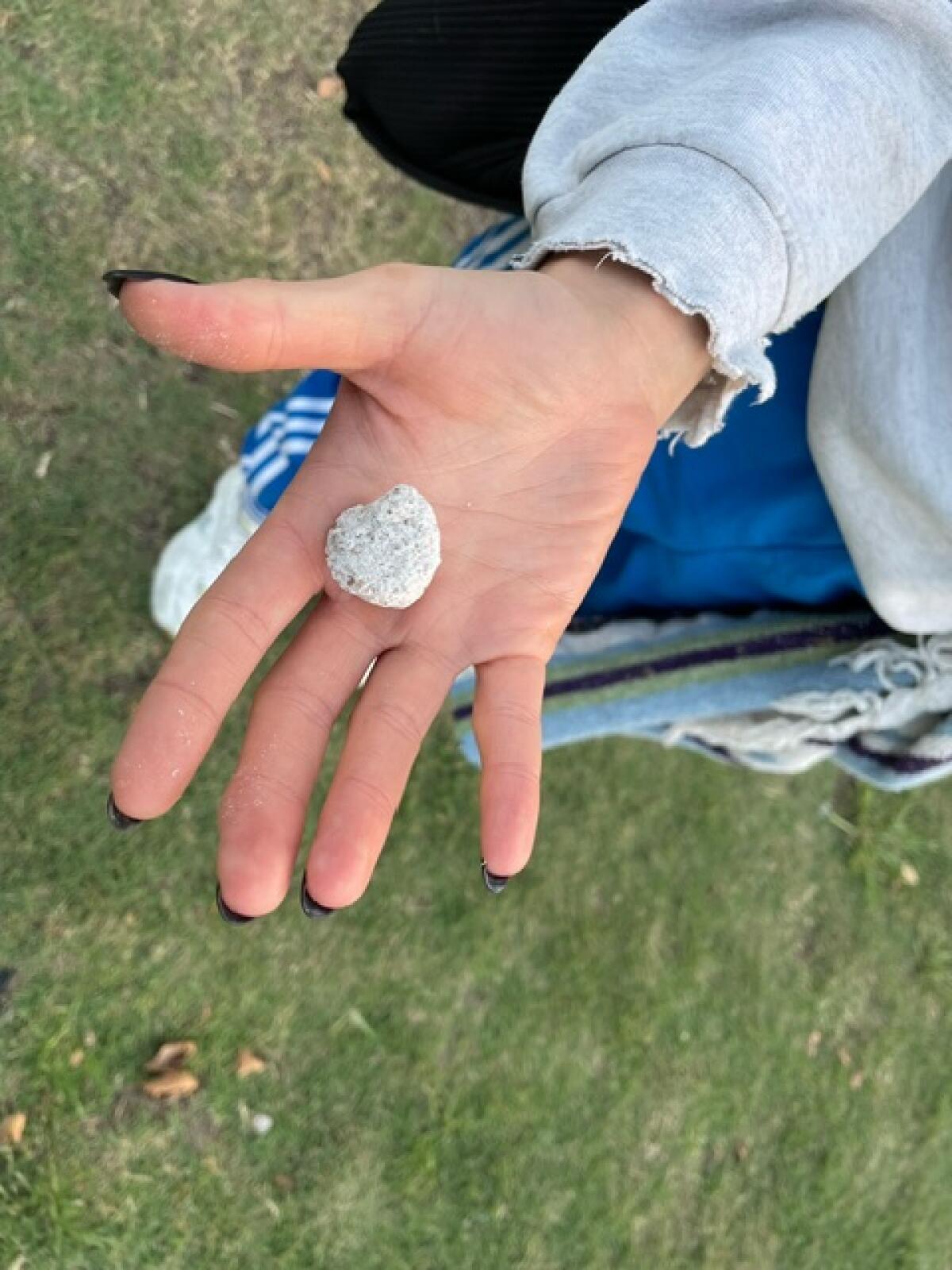 A quarter-size piece of debris sits in a person's open palm