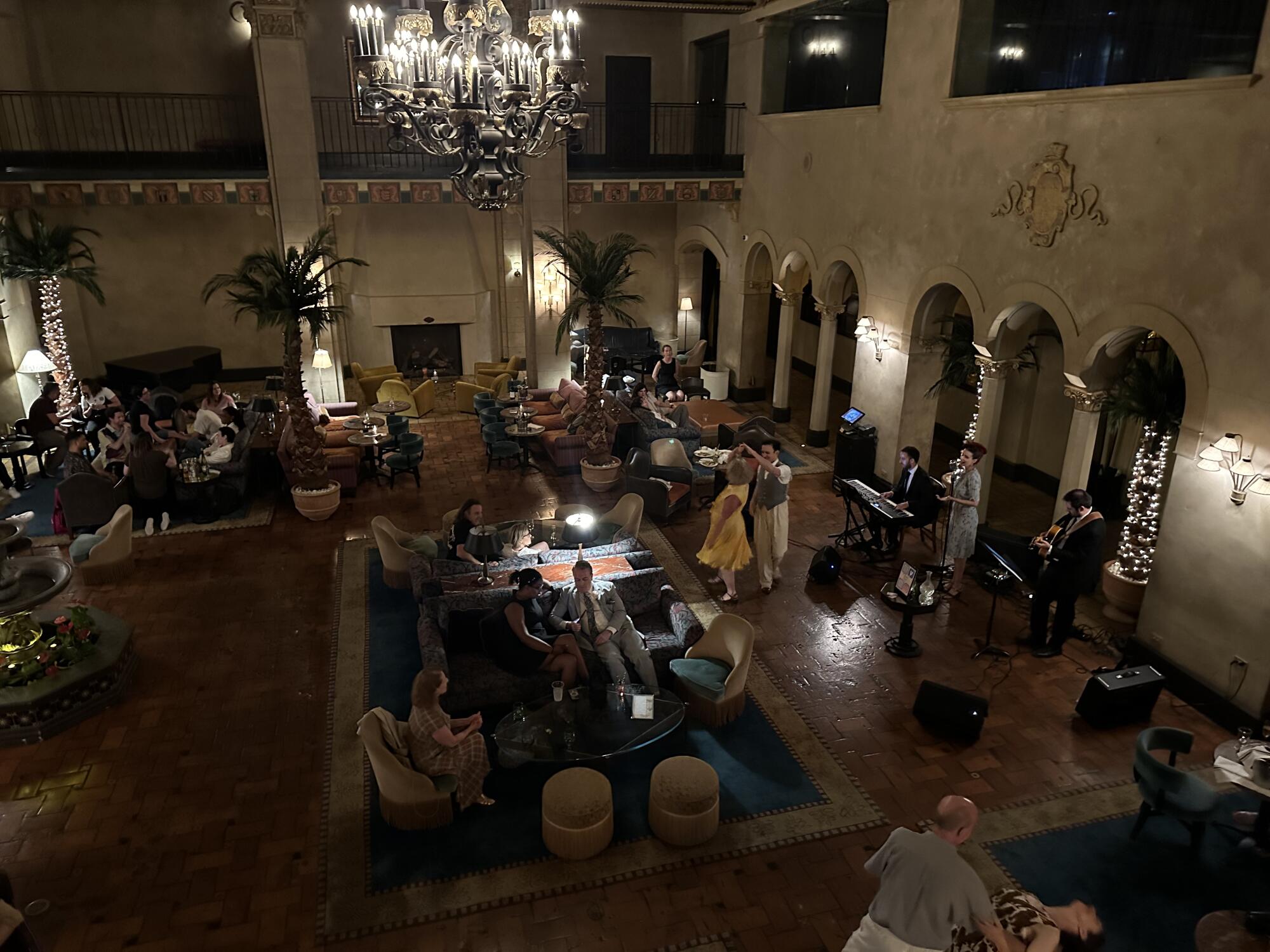 A view from the mezzanine above the interior of the Hollywood Roosevelt Hotel.