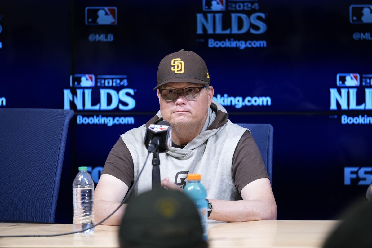 San Diego Padres manager Mike Shildt speaks to reporters during a news conference at Dodger Stadium on Friday.