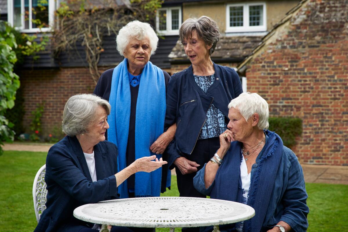 Maggie Smith, from left, Joan Plowright, Eileen Atkins and Judi Dench in the 2018 British documentary "Tea With the Dames."