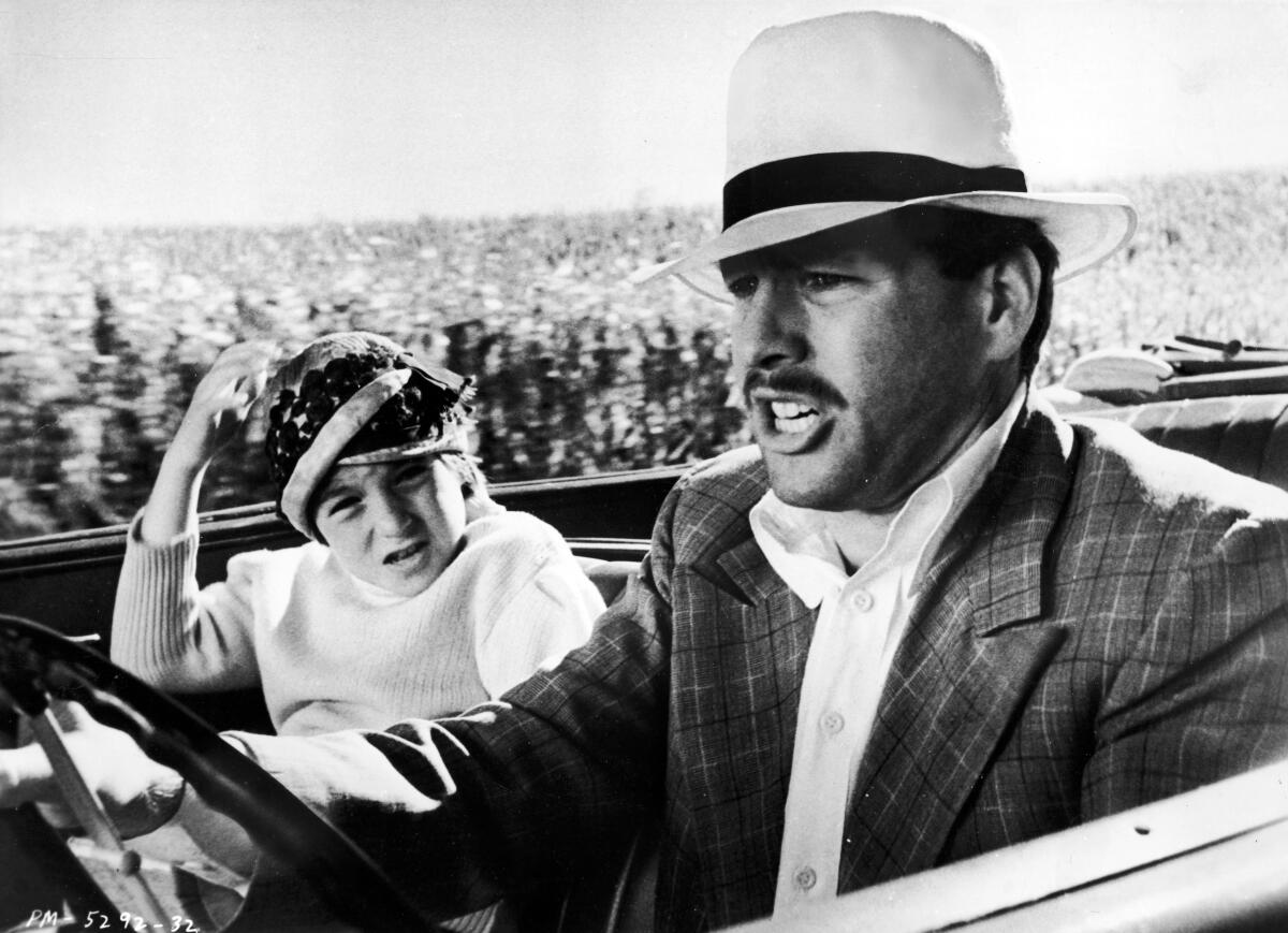 A young girl and a man drive in a car through a field.