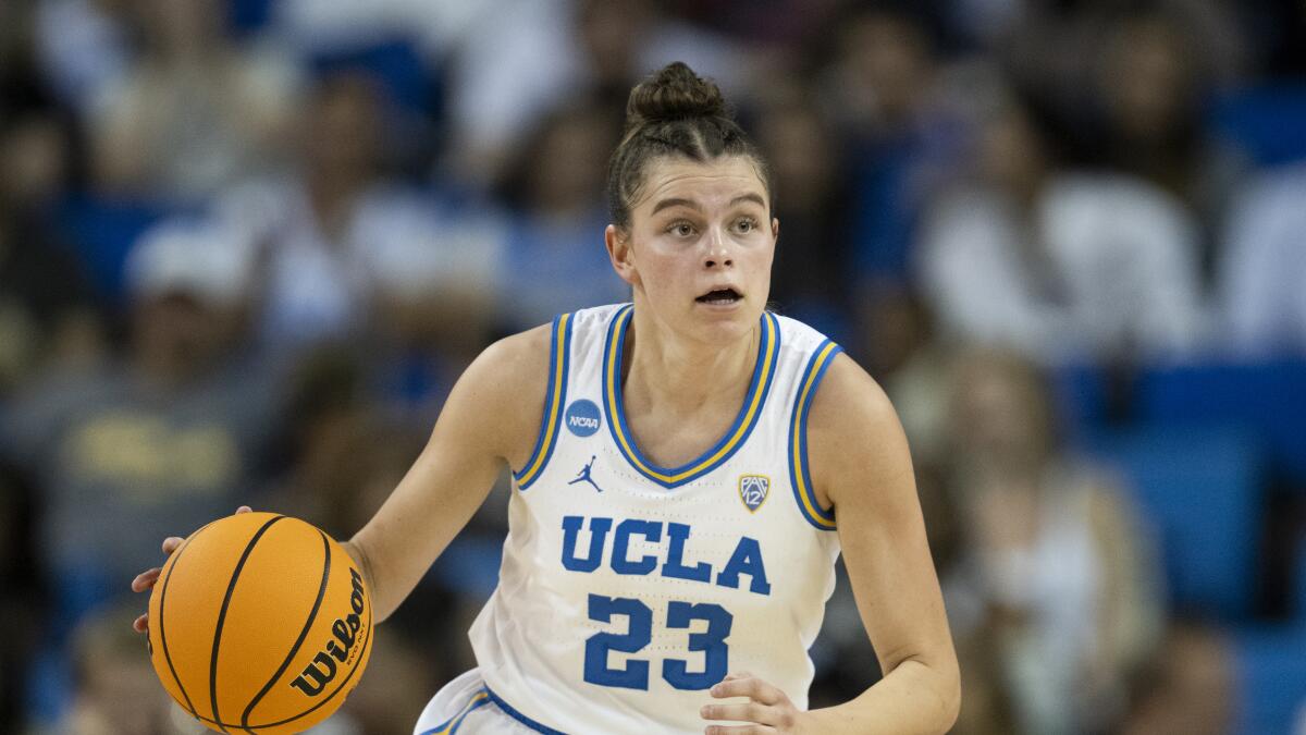 UCLA's Gabriela Jaquez dribbles during a game against California Baptist on March 23 in L.A.