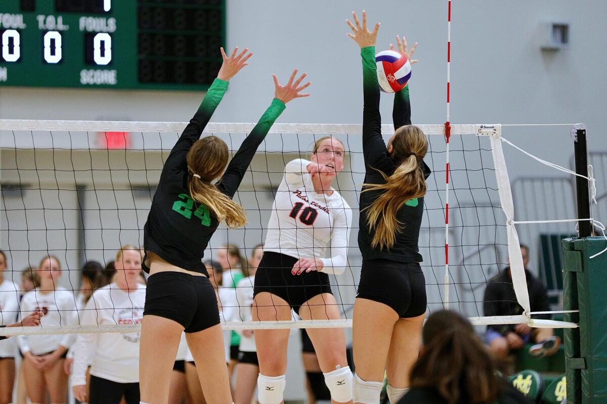 Palos Verdes hitter Kaci Demaria on the attack in Wednesday's three-set loss to Mira Costa in Manhattan Beach.