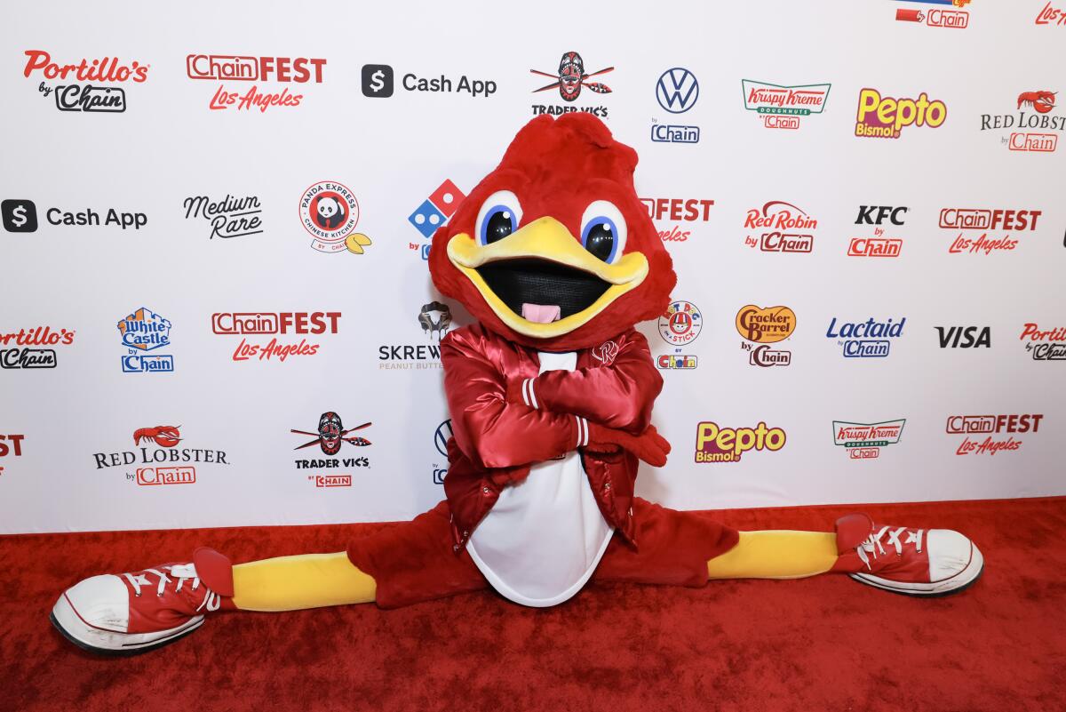 Red the Red Robin mascot does the splits on a red carpet. 