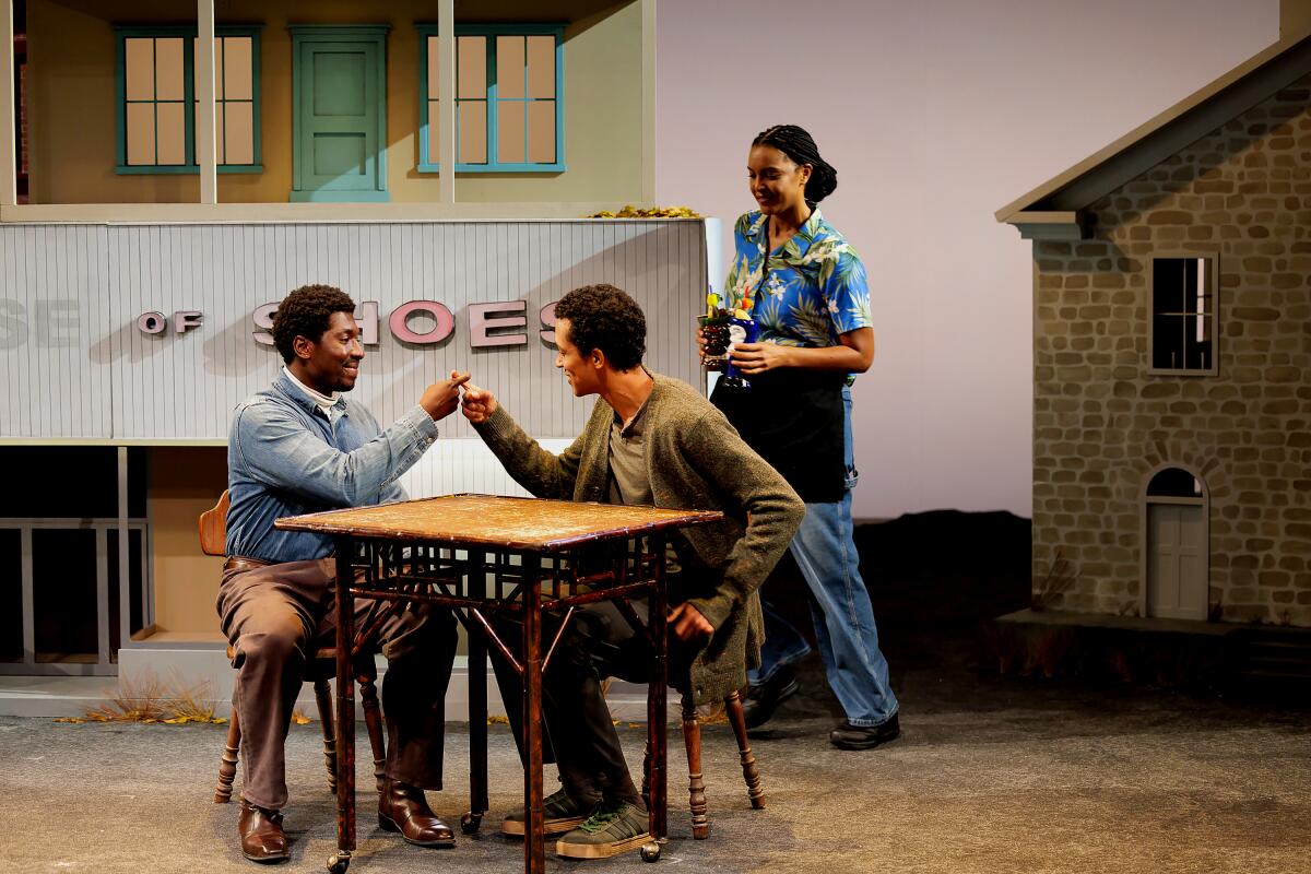 James Udom, from left, Caleb Eberhardt and Rebecca S'manga Frank in La Jolla Playhouse's "Primary Trust."