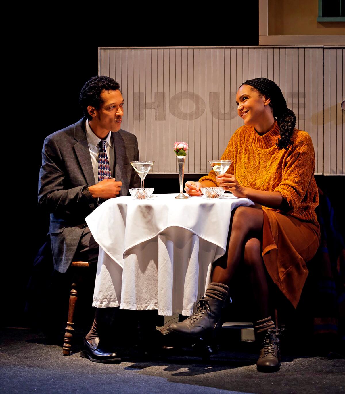 Caleb Eberhardt, left, and Rebecca S'manga Frank in La Jolla Playhouse's West Coast-premiere production of "Primary Trust."