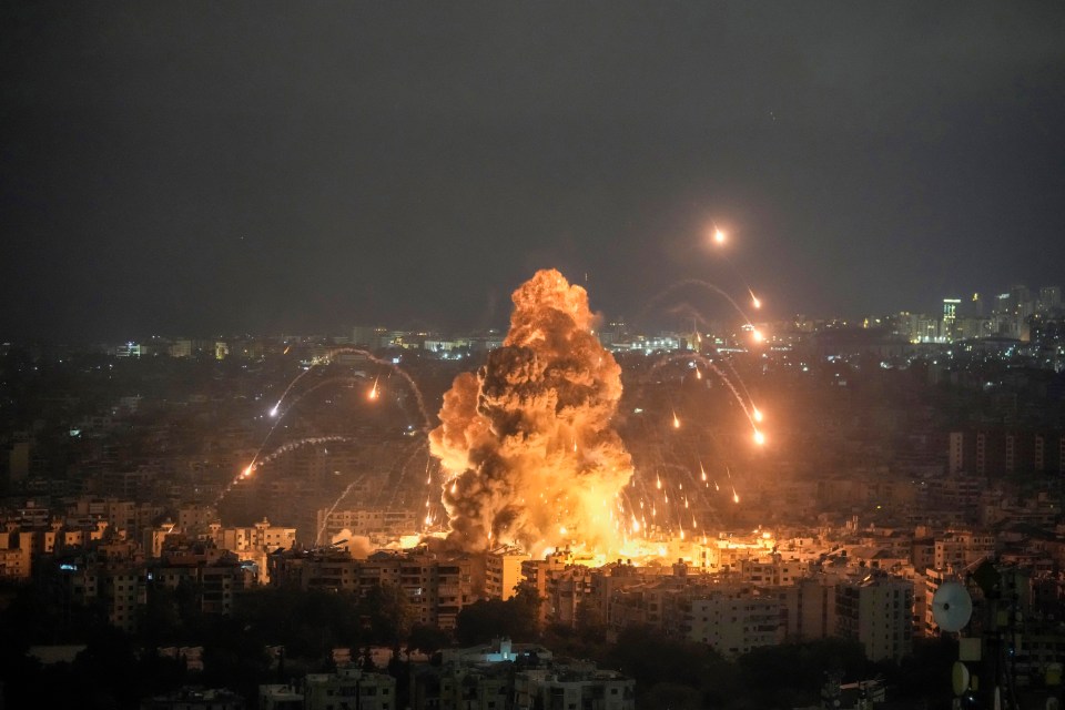 Flames and smoke rise from an Israeli airstrike in the southern suburbs of Beirut on Sunday