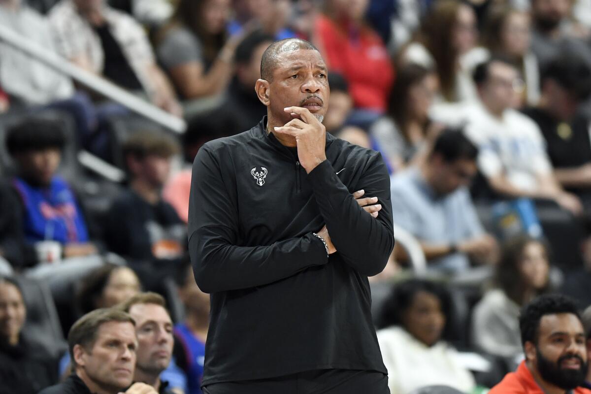 Milwaukee Bucks coach Doc Rivers watches during a game 