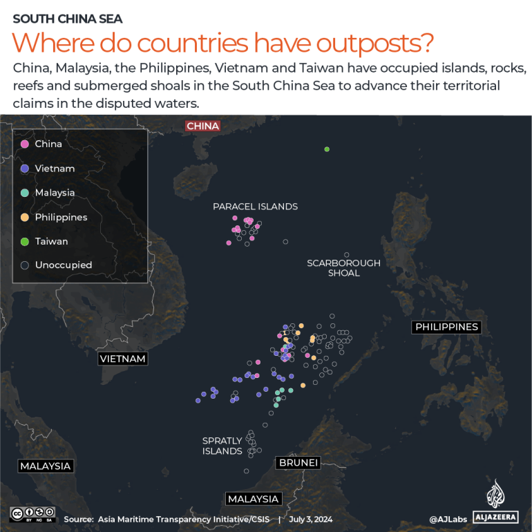 Infographic on South China Sea military outposts