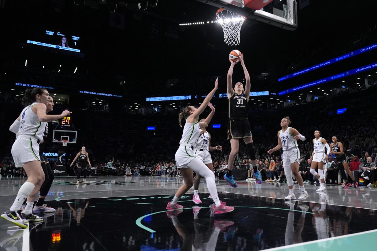 The New York Liberty's Breanna Stewart shoots the ball during Game 1 of the WNBA Finals against the Minnesota Lynx