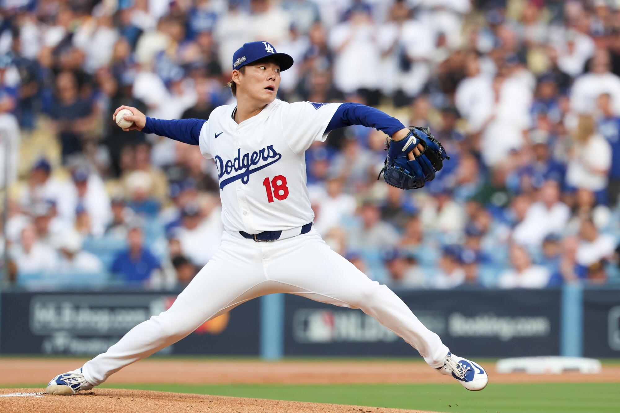 Dodgers pitcher Yoshinobu Yamamoto delivers during the first inning against the Padres on Friday.