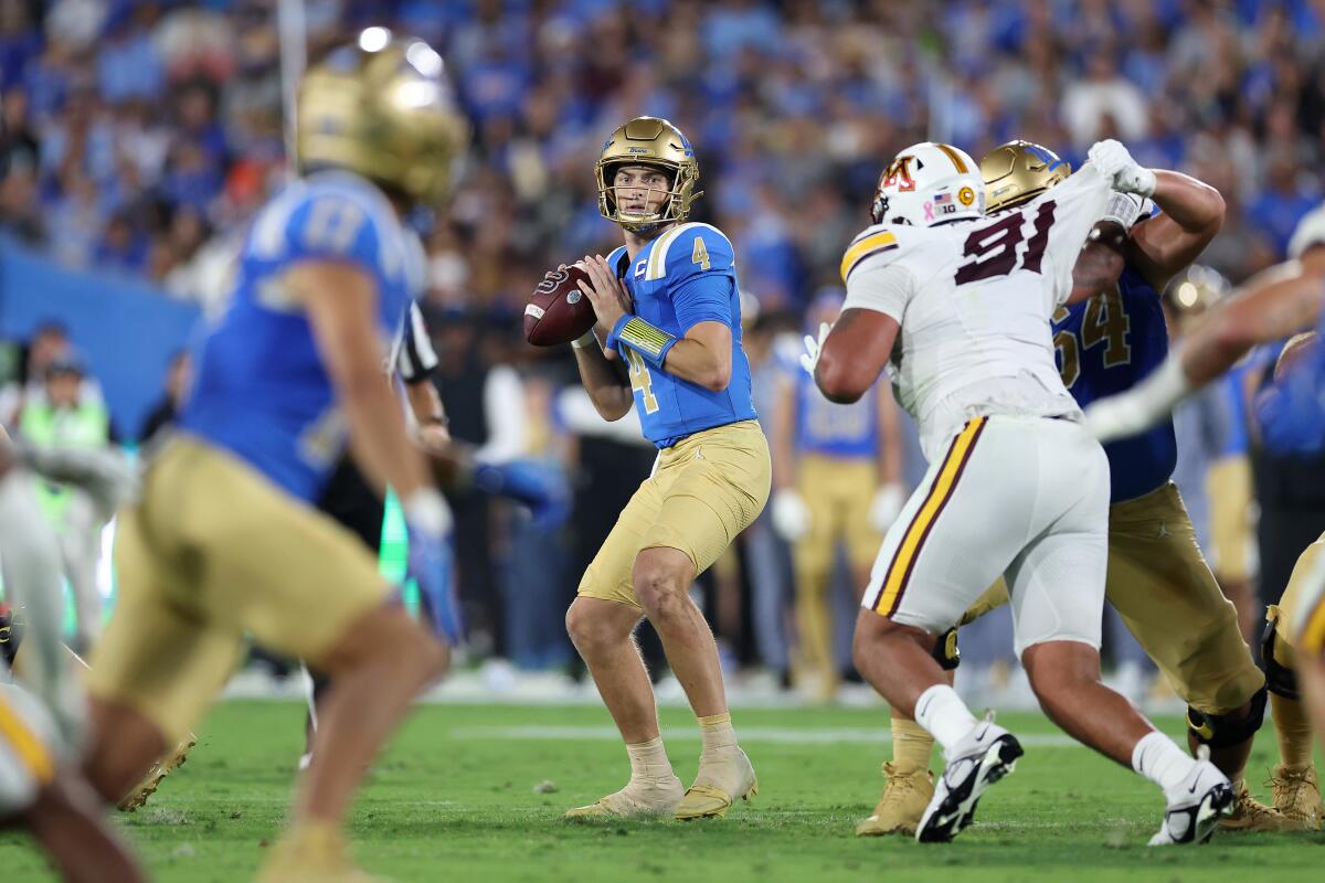 UCLA quarterback Ethan Garbers looks to pass in the first half Saturday at the Rose Bowl.