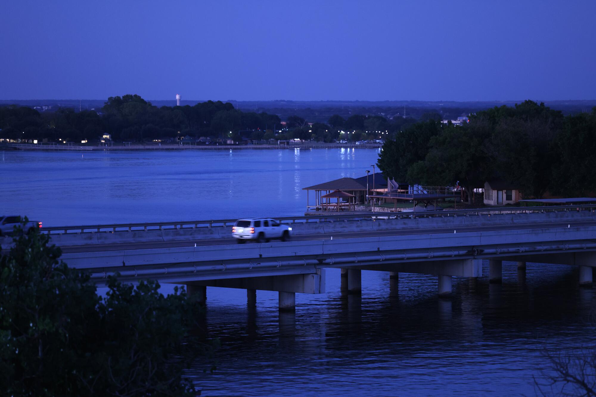 A blue dusk over the Brazos River in Granbury, Texas