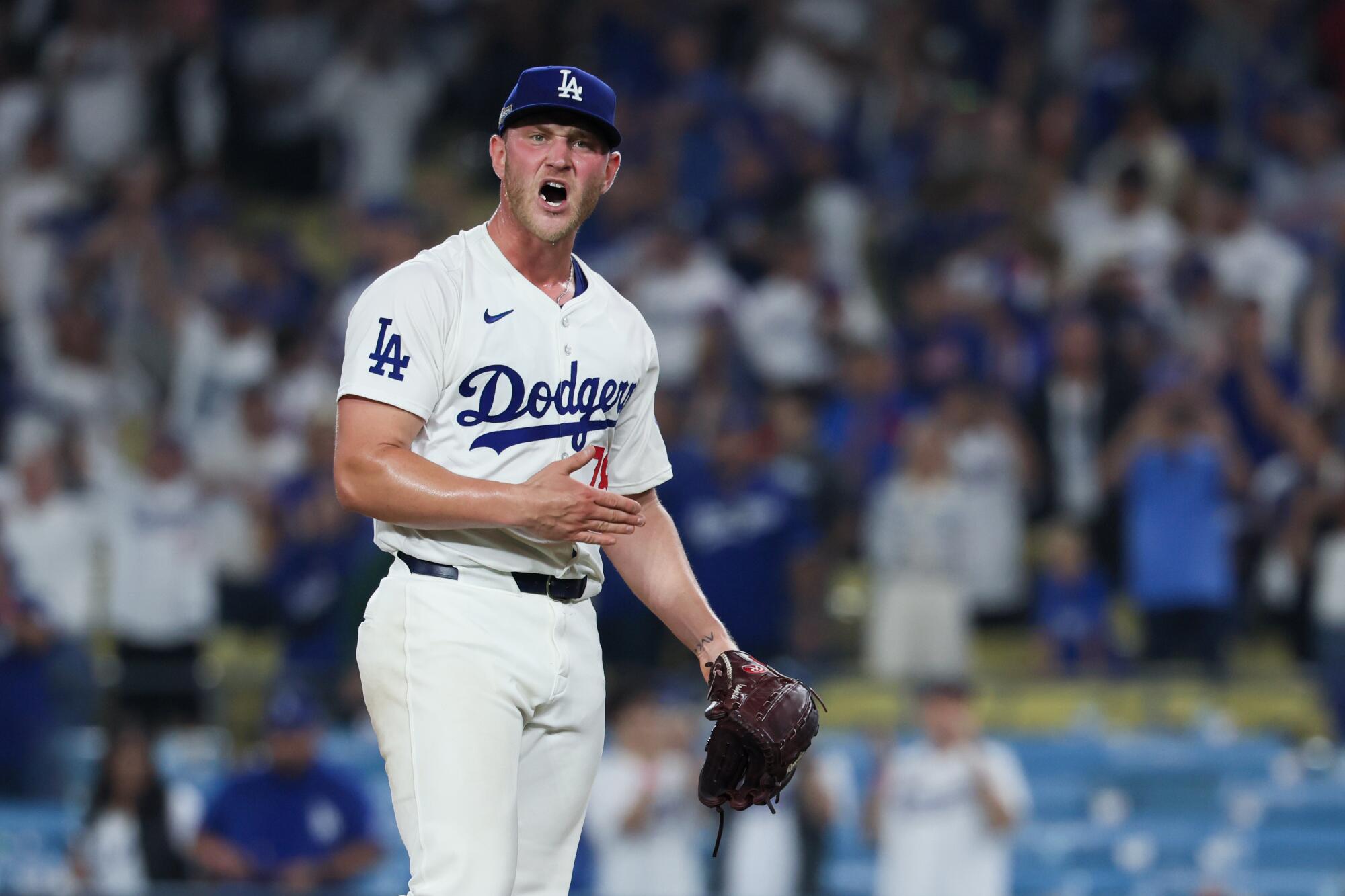 Dodgers reliever Ben Casparius reacts after the final out in the Dodgers' win over the Mets.