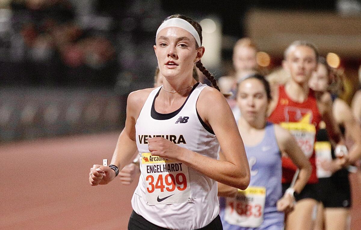 Ventura's Sadie Englehardt runs in the girls' mile at the Arcadia Invitational on April 6, 2024.