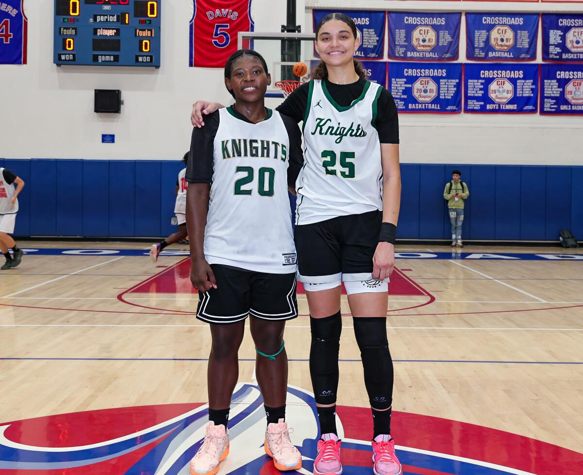 Ontario Christian's freshmen phenoms, 5-10 Tatianna Griffin (left) and 6-6 Sydney Douglas.