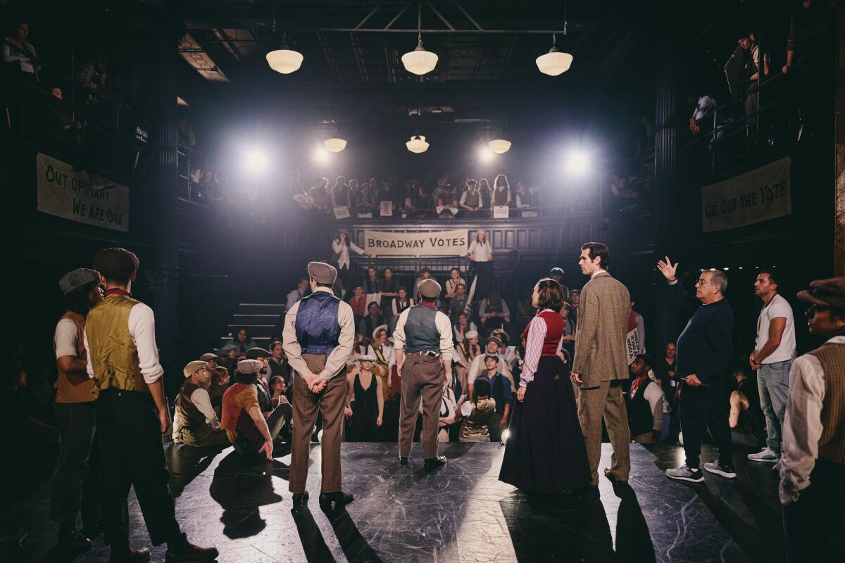 People on the set of Broadway Votes' "Newsies" music video.