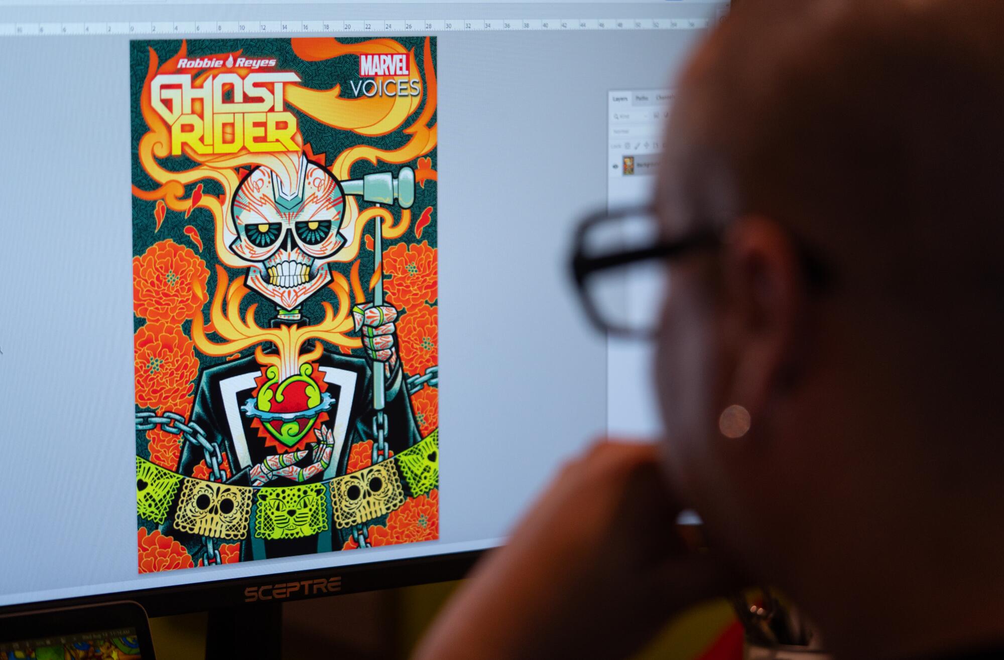 J. Gonzo looks at his cover for a "Ghost Rider" story for Marvel Comics.