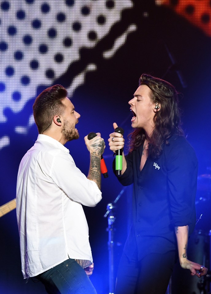 Liam Payne and Harry Styles singing together on stage in 2015