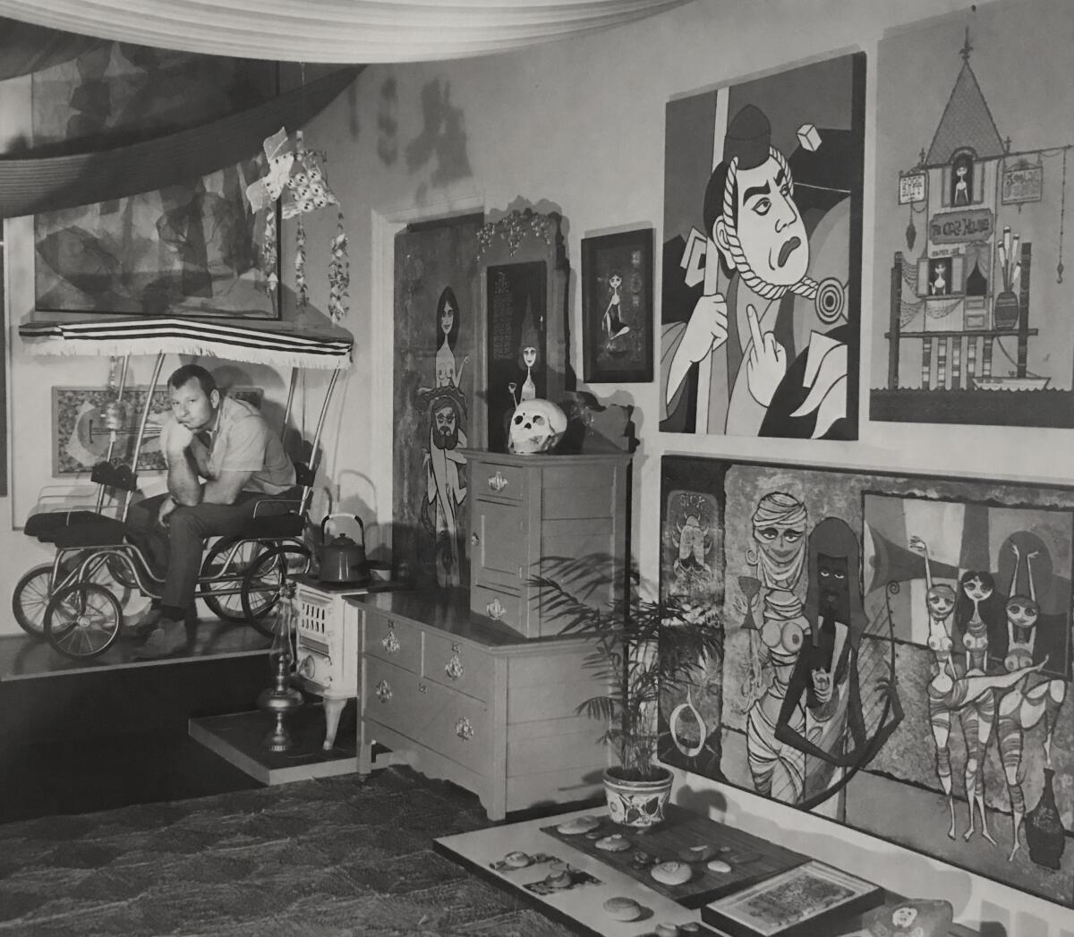 Rolly Crump, in a small carriage at the back of a shop with knickknacks and art. 