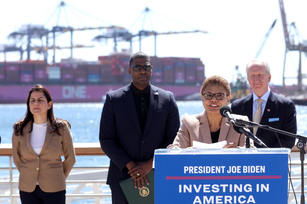 Mayor Karen Bass speaks at a press conference at the Port of Los Angeles.