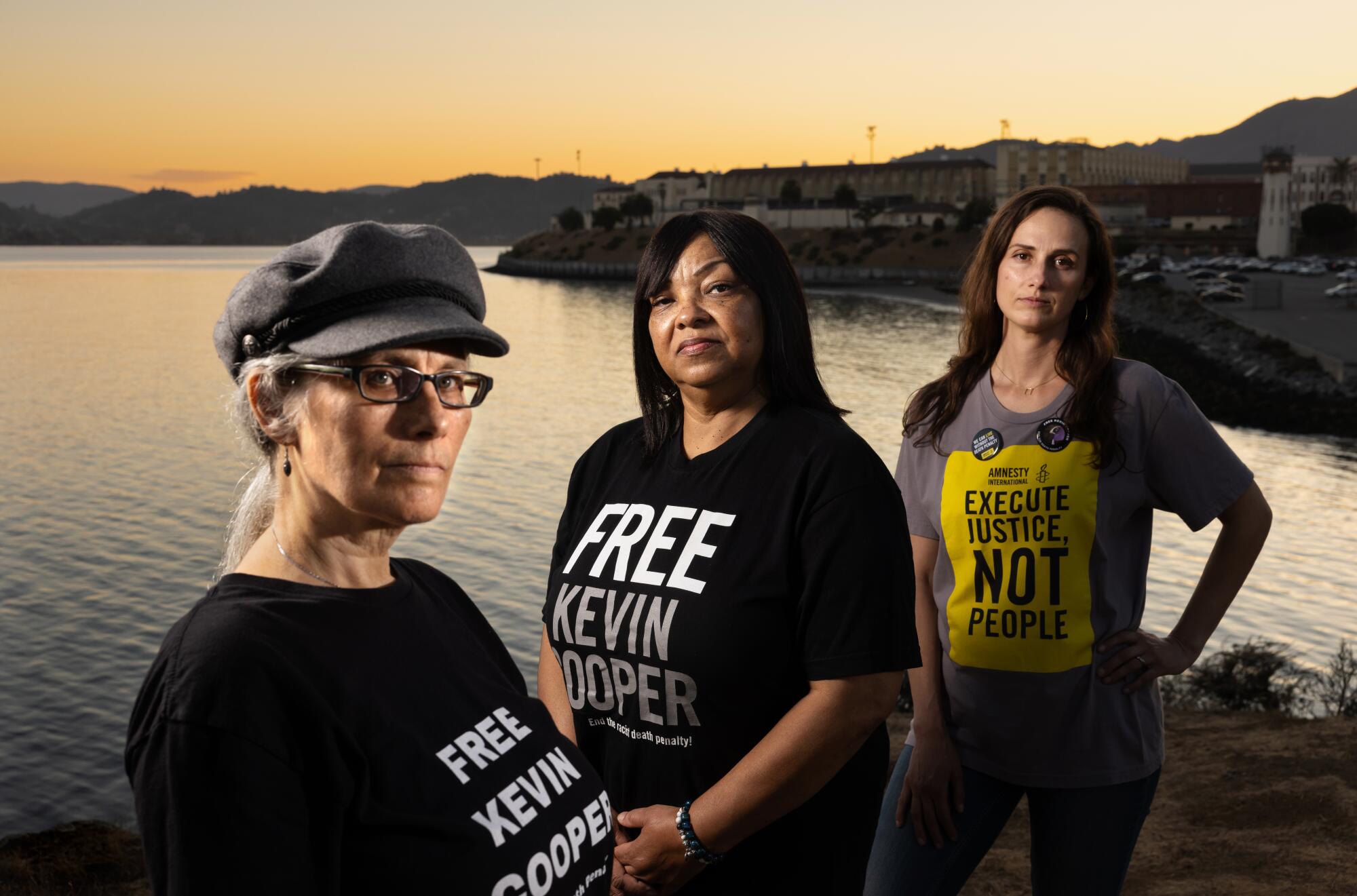 Gavrilah Wells, left, Zanetta Fredericks and Zoe Marinkovich near San Quentin Rehabilitation Center.