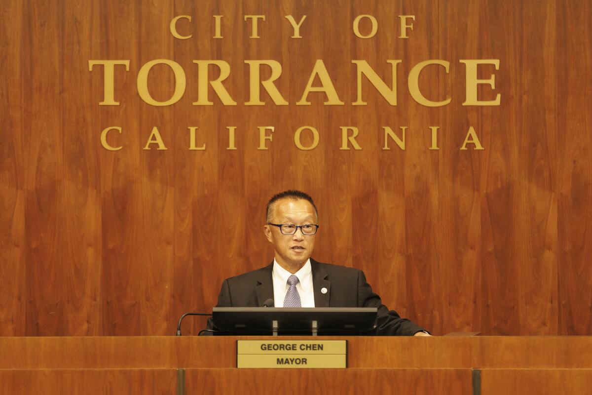  Mayor George Chen opens the floor for public comments at Torrance City Hall.