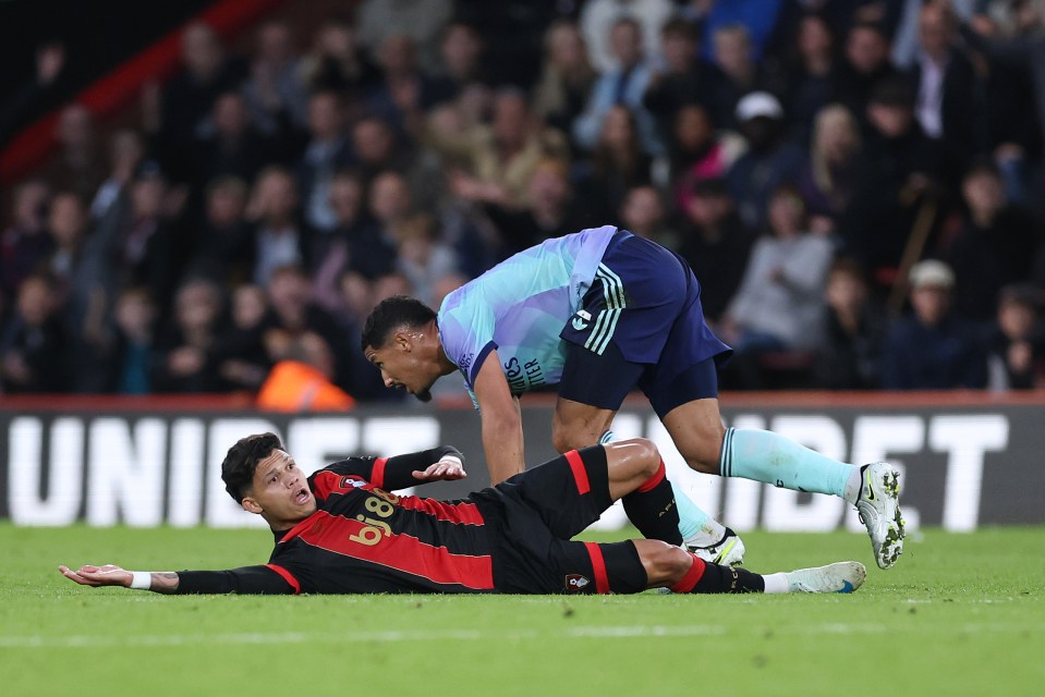 William Saliba was dismissed after wiping out Bournemouth’s Evanilson when through on goal