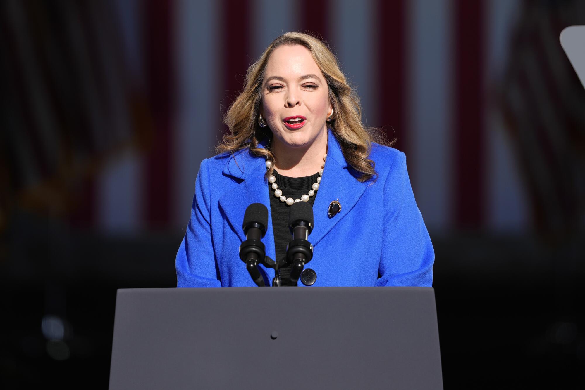 Olivia Troye speaks at a Kamala Harris campaign event Wednesday in Washington Crossing, Pa.