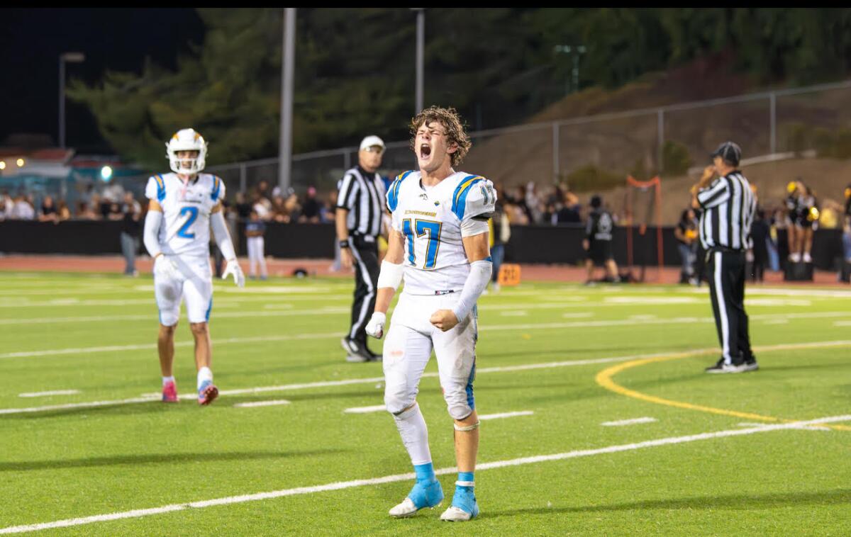 Agoura sophomore George Hastings lets out a yell after win over Calabasas.