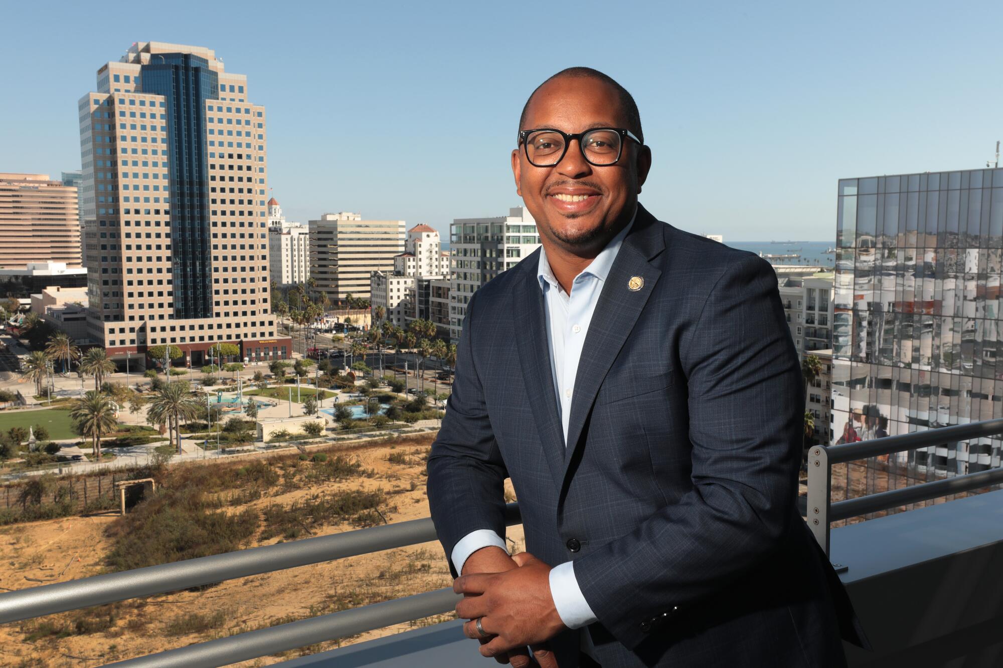 Long Beach Mayor Rex Richardson with the city as a backdrop.