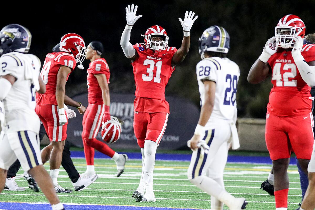 Mater Dei linebacker Nasir Wyatt celebrates a 17-7 victory against St.John Bosco in 2022.