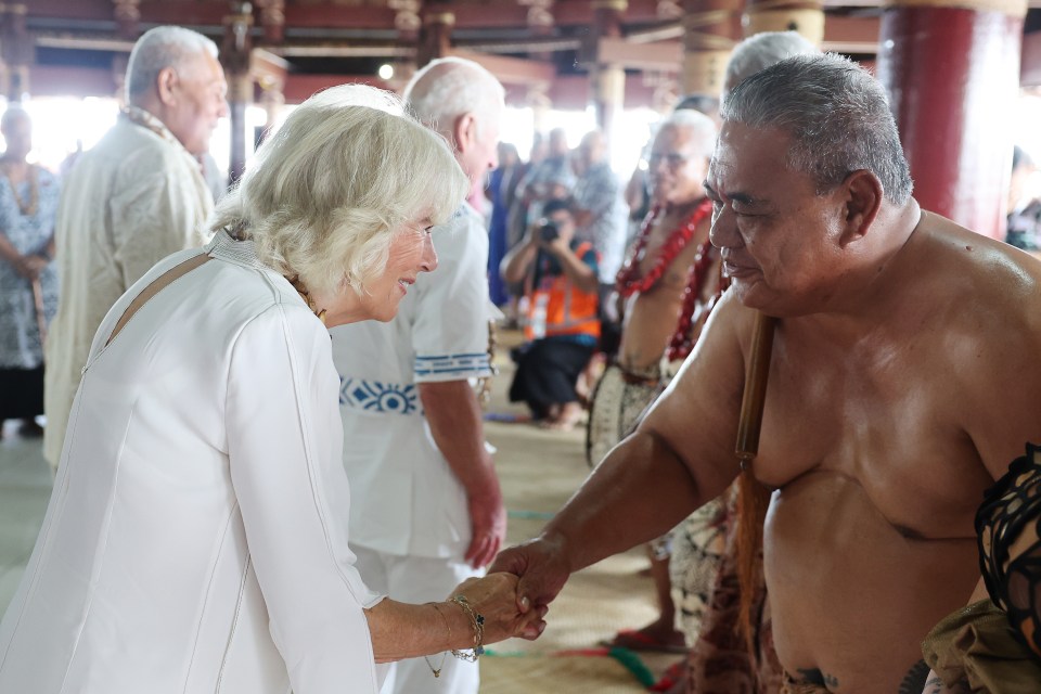 Queen Camilla shakes hands with villagers