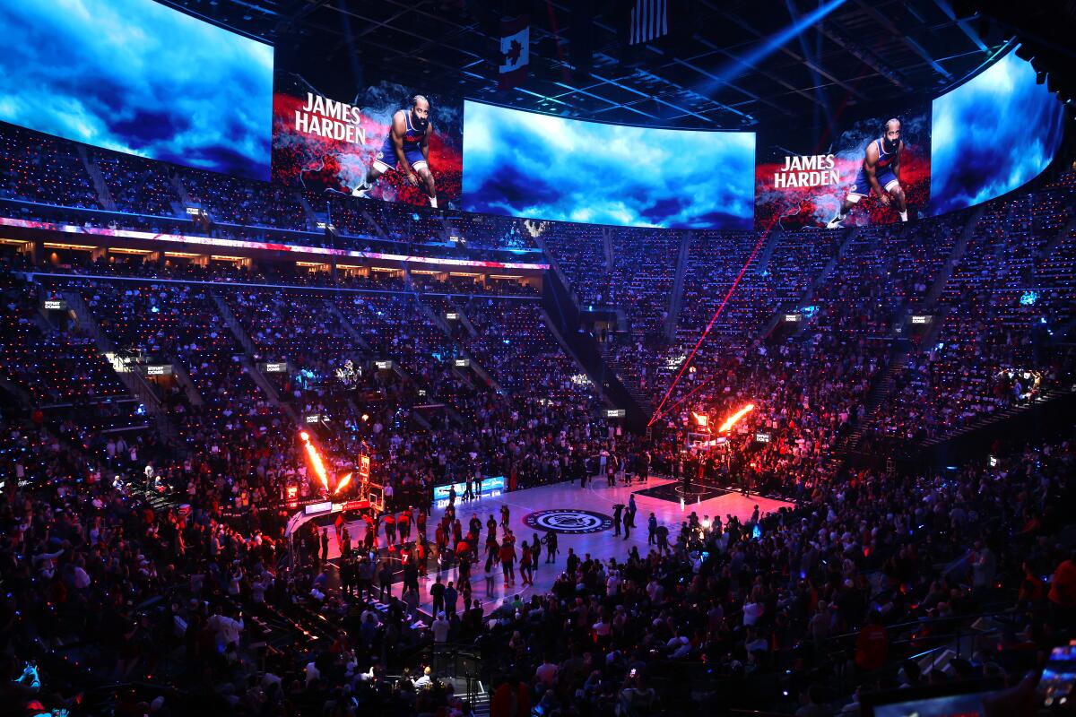 James Harden of the Clippers is introduced at the Intuit Dome before the game on Wednesday.